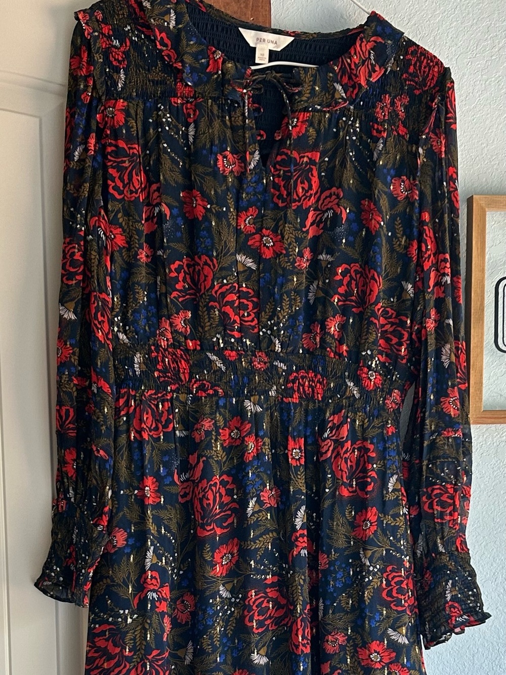 Per Una Marks Spencer Navy Floral Metallic Maxi Dress Smocked  Size 10